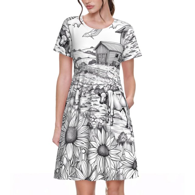 Balery Country Farm Scene Vestidos sueltos de manga corta para mujer, vestidos de verano 2025, vestidos casuales de corte A con vuelo.