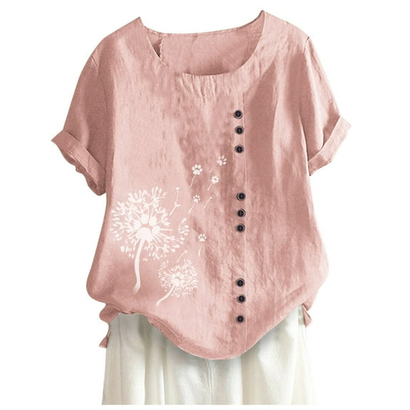 Zpanxa Plus Size Tops for Women Summer Casual Loose Fit T Shirts Short Sleeve Crew Neck Button Down Blouse Linen Print Shirt Tunic Tops Pink A XXL