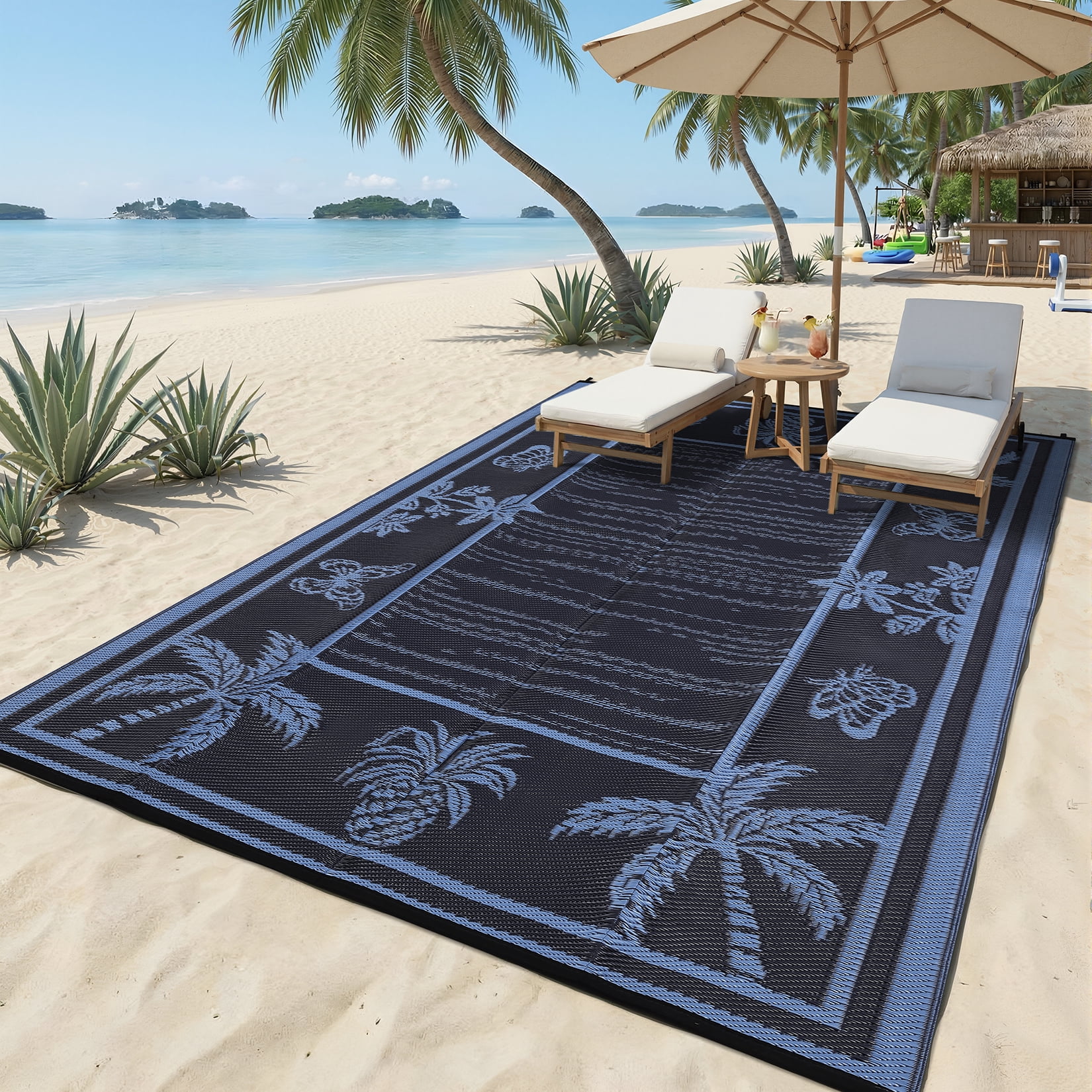 Garvee Outdoor Rug 8x10ft Waterproof Reversible Foldable Plastic Straw Rug, Tropical Leaf Border Outdoor Mat for Patio, Camping, RV, Deck, Porch, Balcony, Blue