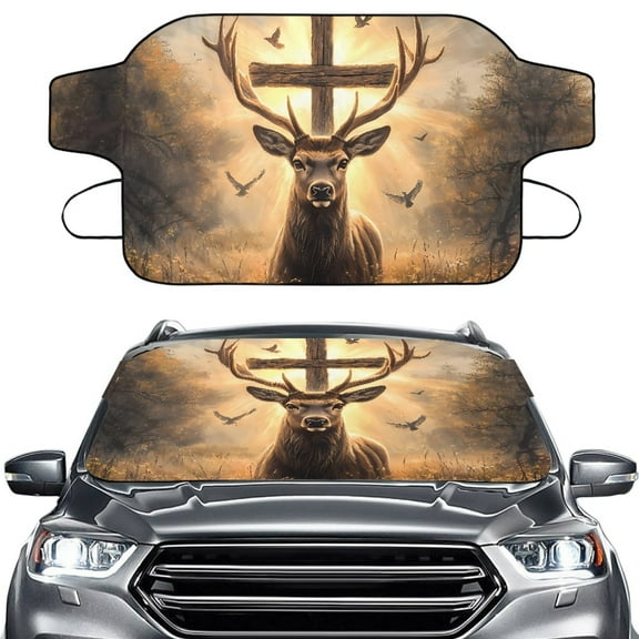 FORUDESIGNS Deer Cross Dove Pattern Car Windshield Cover for Ice and Snow Waterproof Auto Windshield Snow Cover Winter Frost Hail Protector for Truck SUV Van (55.9 x 37.7 inches)