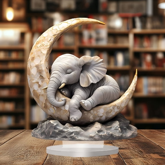 XIBUFE 2026 New Sleeping Elephant on Moon Acrylic Figurine - Whimsical Home Decor,Perfect Gift for Living Room Bedroom Desktop,Unique Decorative Ornament Whimsical Decor