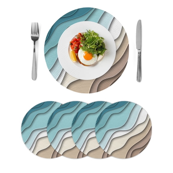 Teal Blue Ombre Cream Round 13 Inch Placemats Set of 4, Modern Geometric Brown Aesthetic HeatResistant Non Slip Place Mats for Dining Table, Wipeable Braided Kitchen Table Mats for Housewarming