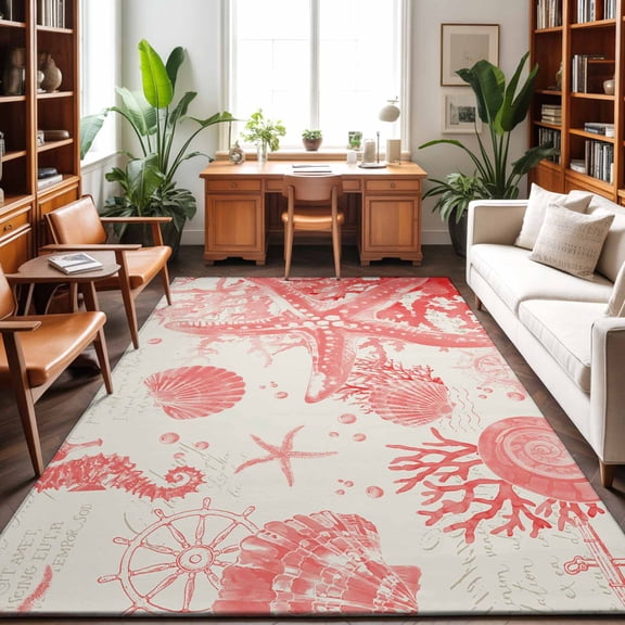 Large Area Rugs 6'x9', Coastal Red Carpet Runner Indoor Outdoor Rugs Home Decor Aesthetic, Nautical Coral Seahorse Starfish Shell Non Slip Mats Washable Accent Rug for Living Room Bedroom