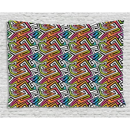 Geometric Tapestry, Graffiti Maze Grunge Puzzle Vintage Fashion Stylish Feminine Wild African Modern, Wall Hanging for Bedroom Living Room Dorm Decor, 60W X 40L Inches, Multicolor, by