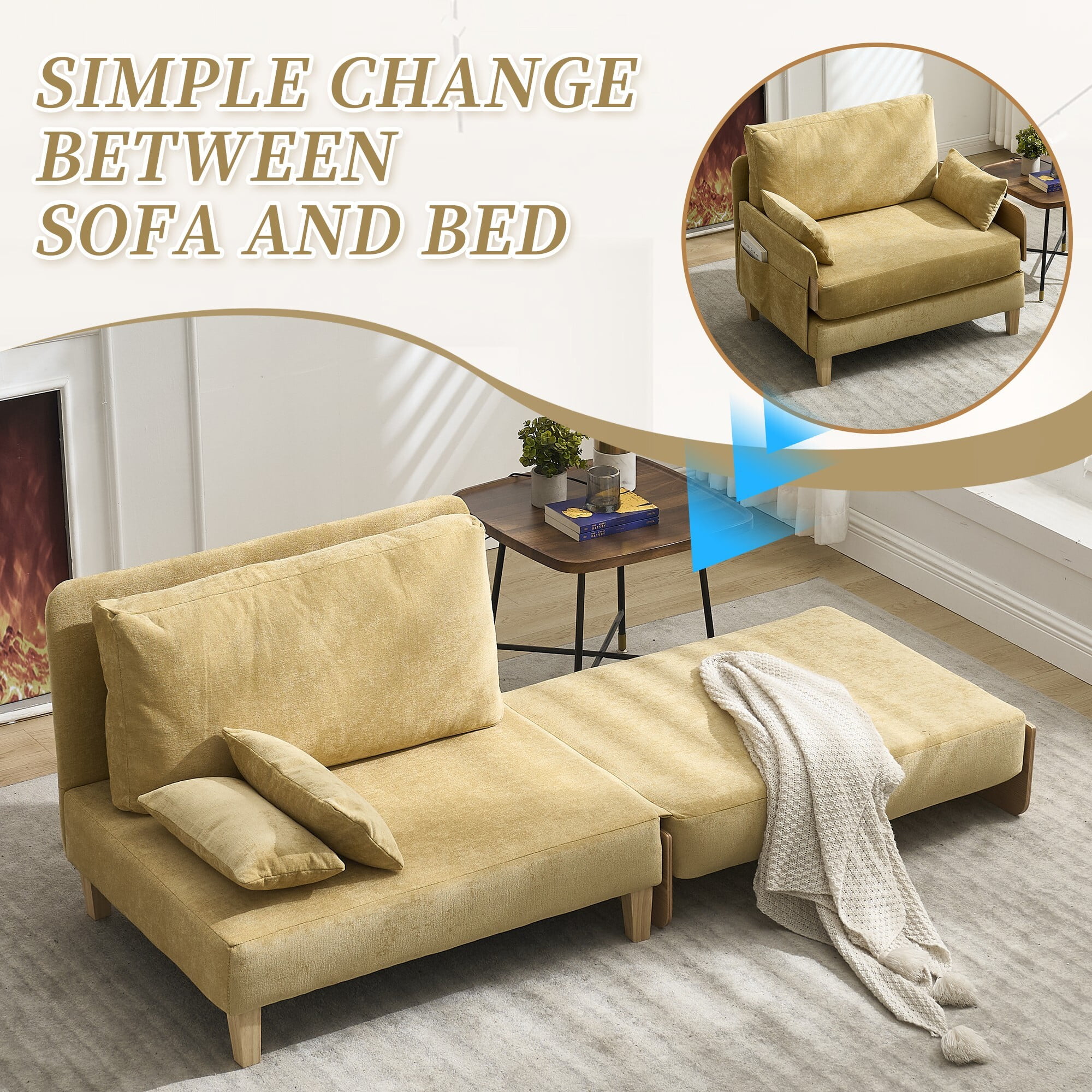 AENKYO 3-in-1 Convertible Sofa Chair, Modern Foldable Sleeper Bed for One, Suits for Living Room, Bedroom, Soft Yellow