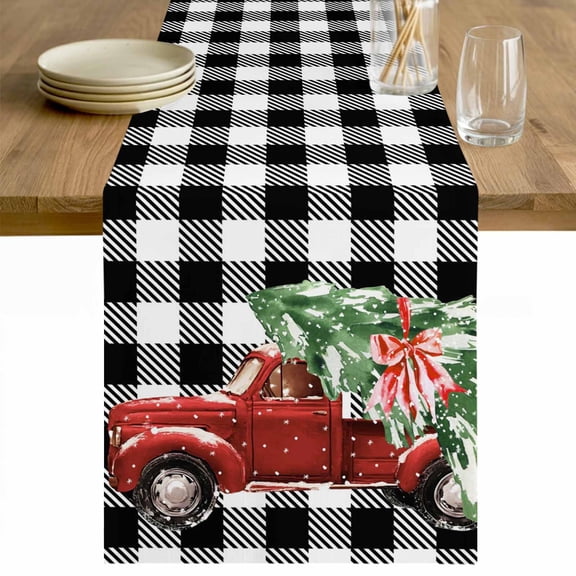 Christmas Red Truck Table Runner 48 Inches Long Farmhouse Dress Scarves, Xmas Tree Bow Farm White Black Plaid Dining Tablerunner for Coffee Table/Kitchen Island/Party Décor, 13" x 48"