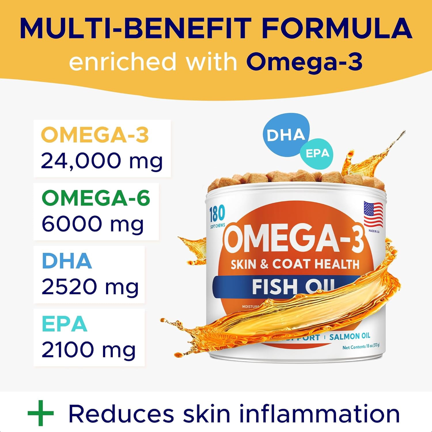Chews with Salmon Oil for Dogs (180 Ct), Omega 3 & Fish Oil for Dogs - Dog Allergy Relief & Itchy Skin Relief - Hip & Joint Support - Shiny Coats - EPA & DHA Fatty Acids - Promotes Heart, Brain