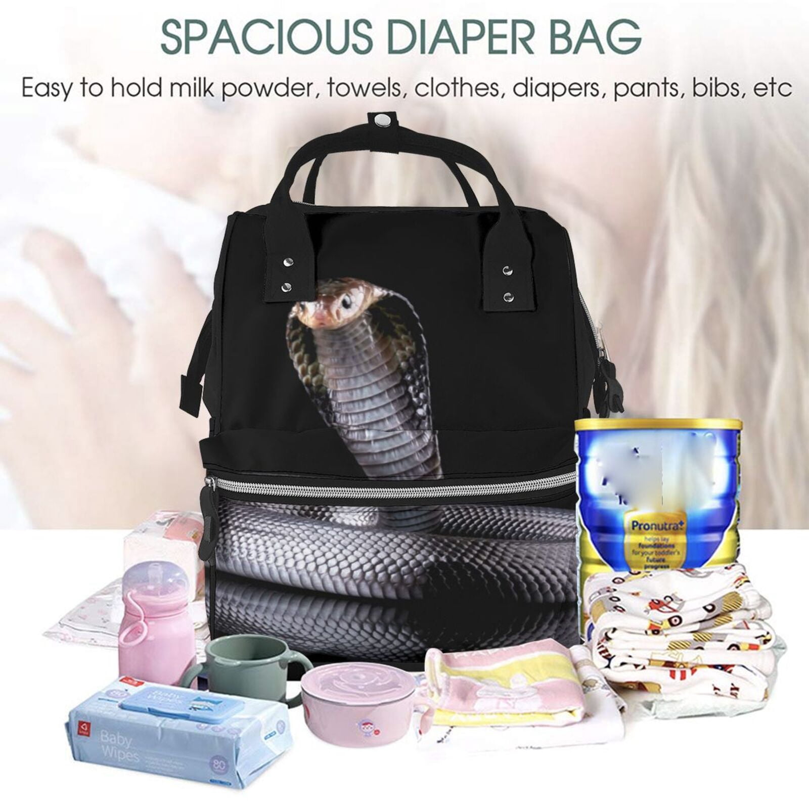 Ratiio Black Cobra Snake Mummy Backpack - Waterproof Twill Canvas, Large Capacity Diaper Bag with Multiple Pockets and Adjustable Straps