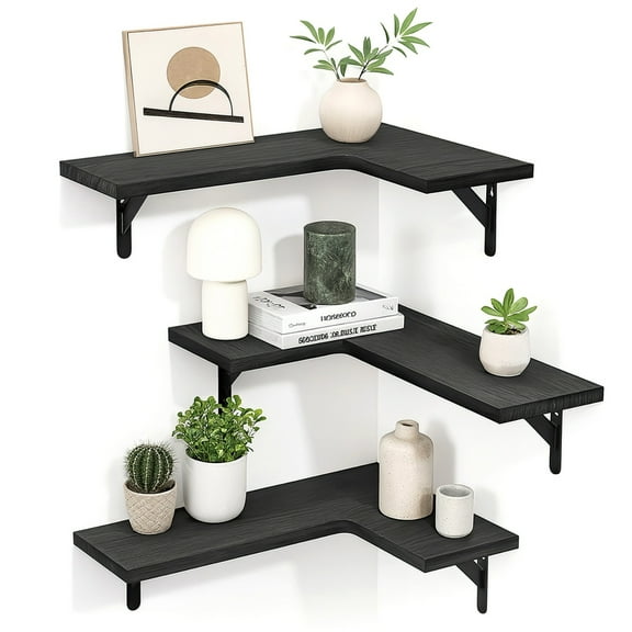 3 Pcs Corner Floating Shelves for Wall, Black L-Shaped Rustic Wood Storage, Space Saving Wall Mounted Display for Living Room Bedroom Kitchen, Paulownia Decor Set