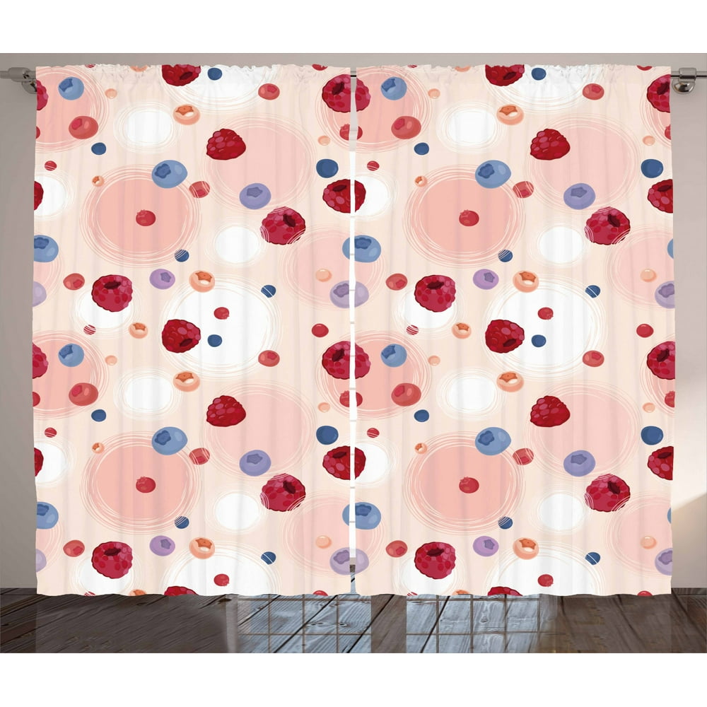 Peach Curtains 2 Panels Set, Raspberries Blueberries Cranberries Food