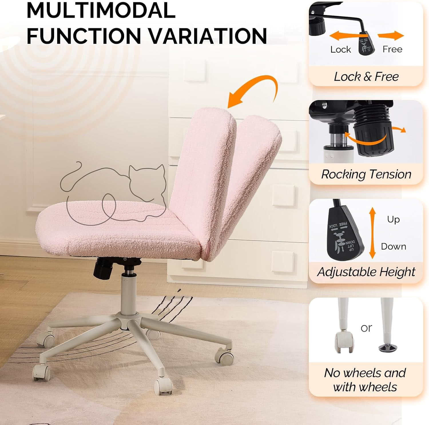 JOYMOR Modern Vanity Chair Dual-Use with/no Wheels, Armless Criss Cross Legged Chair, Swivel Wide Comfy Office Desk Chair, Computer Chair