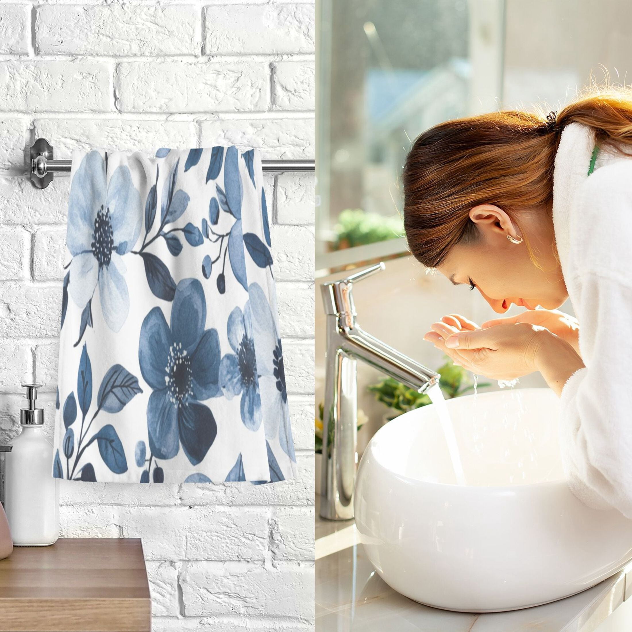 Cotton Towel Two-Piece 16x28 Inch One Sizex2 Face Towel Set Towel Set Cotton Hand Bath Towel Bathroom Beach Beautiful Navy Flowers