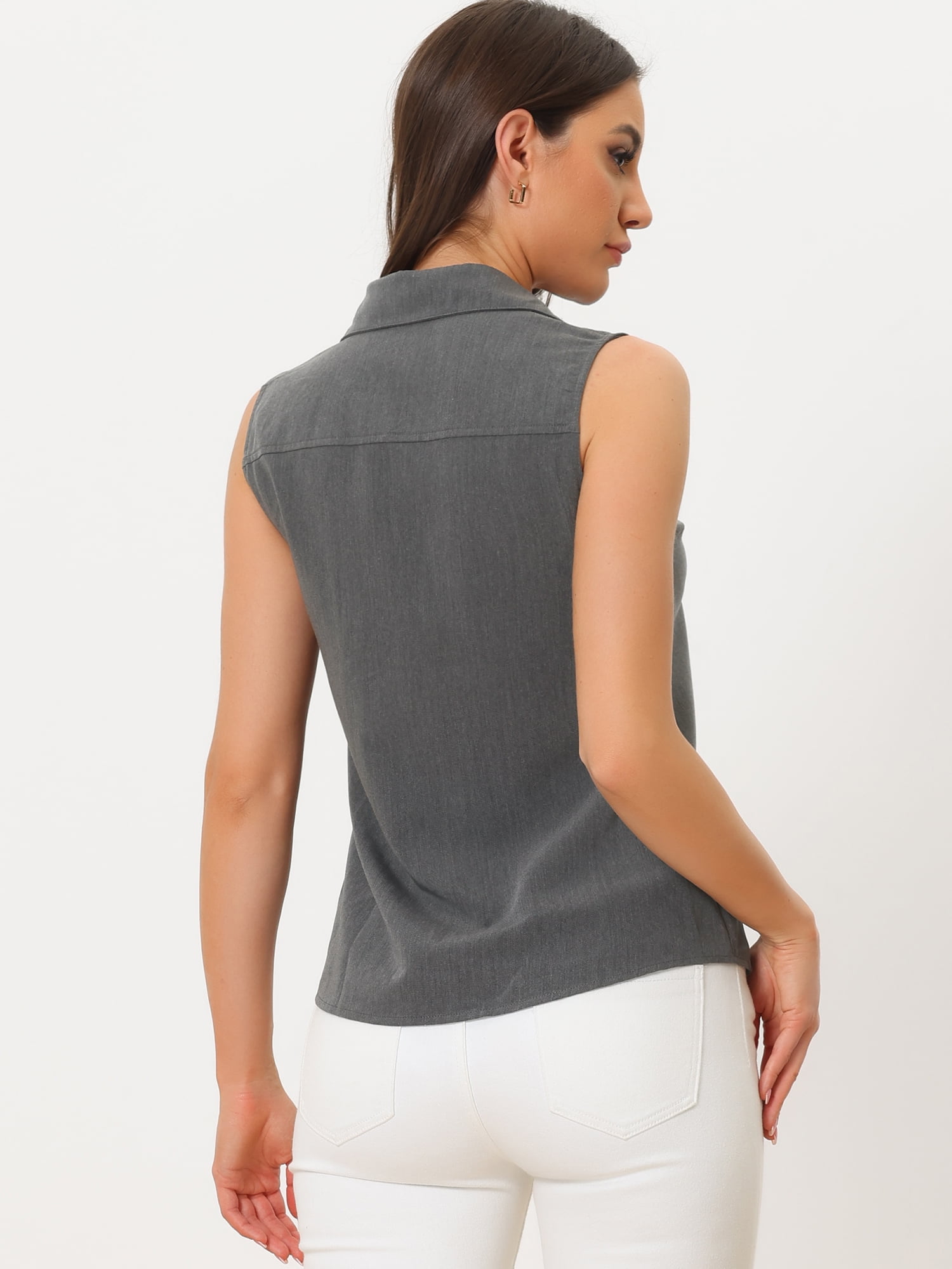 DARING DIVA Sleeveless Lapel Chambray Tunic Denim Shirt M Dark Grey