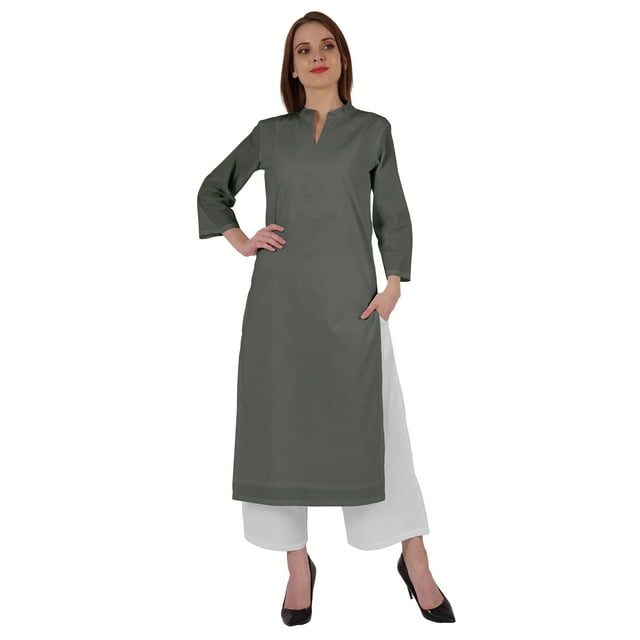 Bimba Kurta Droite Unie Ethnique Indienne pour Femmes à Col Mandarin avec Encolure Plissée en Coton