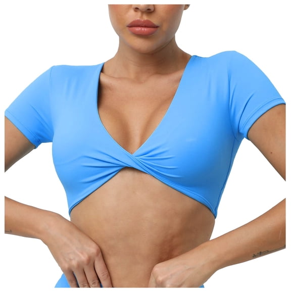 Women's Yoga Short Sleeve Tight V-Neck Sports T-Shirt - High Strength Fitness Clothing with Padded Support, True to Size (S-L)