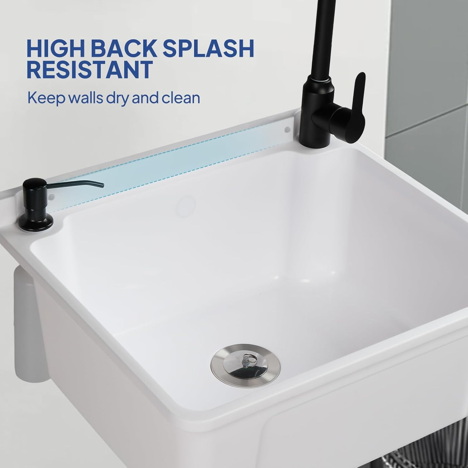 ROVSUN Plastic Wall-Mounted Utility Sink, Wall-Mounted Utility Tub with Wall Bracket, Hot&Cold Faucet, Drain Plug, Perfect for Basement, Laundry Room, Garage or Shop and More, Black