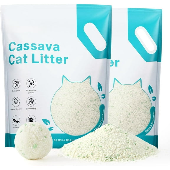 Nomipaw Cassava Cat Litter, Clumping Tapioca Cat Litter with Odor Control, Low Dust, Natural Litter, Fast Absorption & Low Tracking Kitty Litter, Unscented with Deodorizing Pellets (9LBS*2)