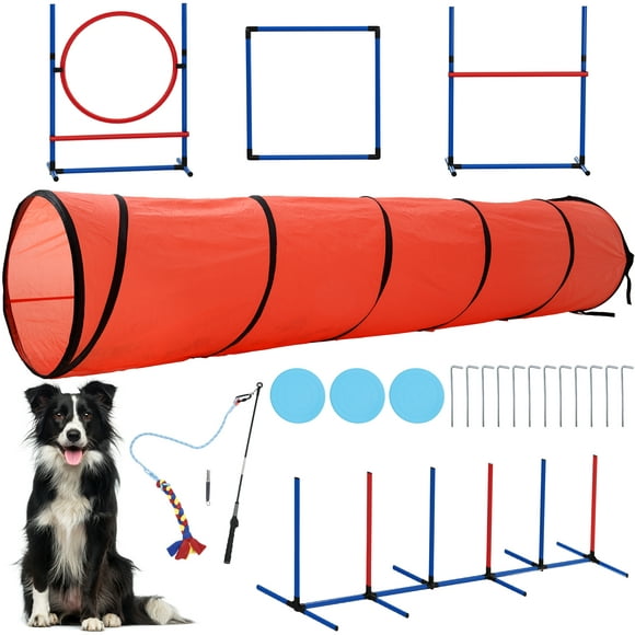 Dextrus Agility Training Equipment for Dogs, Obstacle Course Jumping Practice in Backyard, 5 Exercises Outdoor Game Set with Frisbee, Hurdle, Weave Poles, Tunnel, Jumping Ring, Square Pause Box