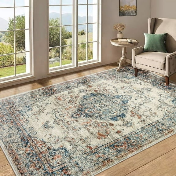 Area Rug 5x7 Vintage Bohemia Large Persian Non-slip Washable Rug For Living Room Kitchen Bedroom Living Room Flower Design Blue/Yellow