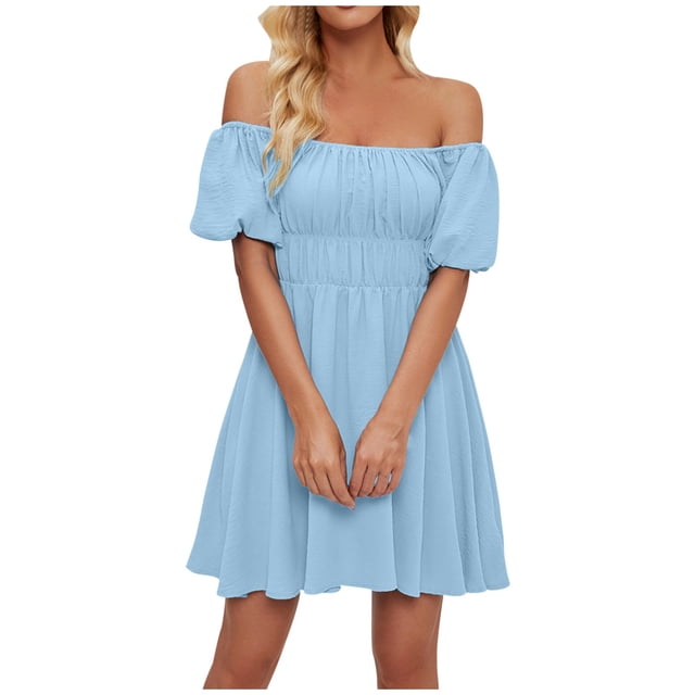 QIPOPIQ Womens Summer Puffy Short Sleeve Square Neck Smocked Tiered Ruffle Mini Dress Clearance