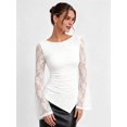 thumbnail image 5 of Women's Sheer Lace Flare Long Sleeve Ruched Side Asymmetric Hem Top White M, 5 of 9