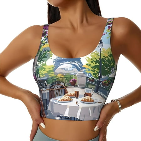 Qokaie Parisian Cafe With Eiffel Pattern Womens Scoop Neck Sports Bra Breathable Workout Vest Padded U Back Medium Impact Fitness Gym Yoga Bra Workout Crop Top-XX-Large