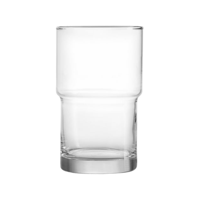 Vaso Crisa de Vidio Modelo Stacking HB Transparente, vaso apilable de vidrio transparente con capacidad de 473 mililitros, diseño cilíndrico con ligera curva en el centro para mejor agarre, apto para lavavajillas, libre de metales pesados y olores, fabricado en México para uso doméstico, ideal para servir bebidas frías y conservar su temperatura, también usado frecuentemente para presentar jugos o aguas frescas en reuniones familiares.