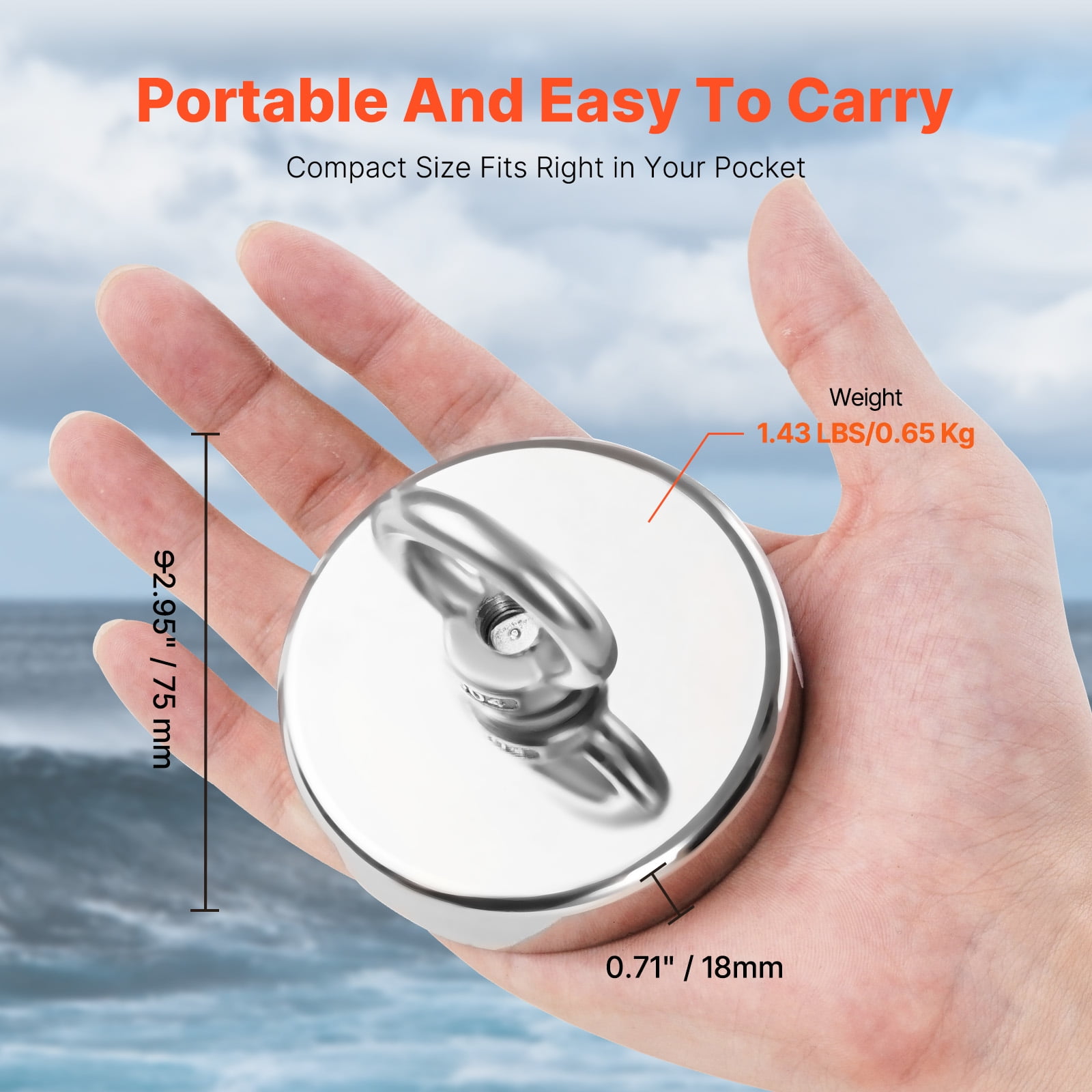 VEVOR Fishing Magnet, 700 LBS/318 Kg Pulling Force Super Strong Neodymium Fishing Magnet, Rare Earth Magnet with Handle Diameter 2.36 in/60 mm for Retrieving in River, Magnetic Fishing