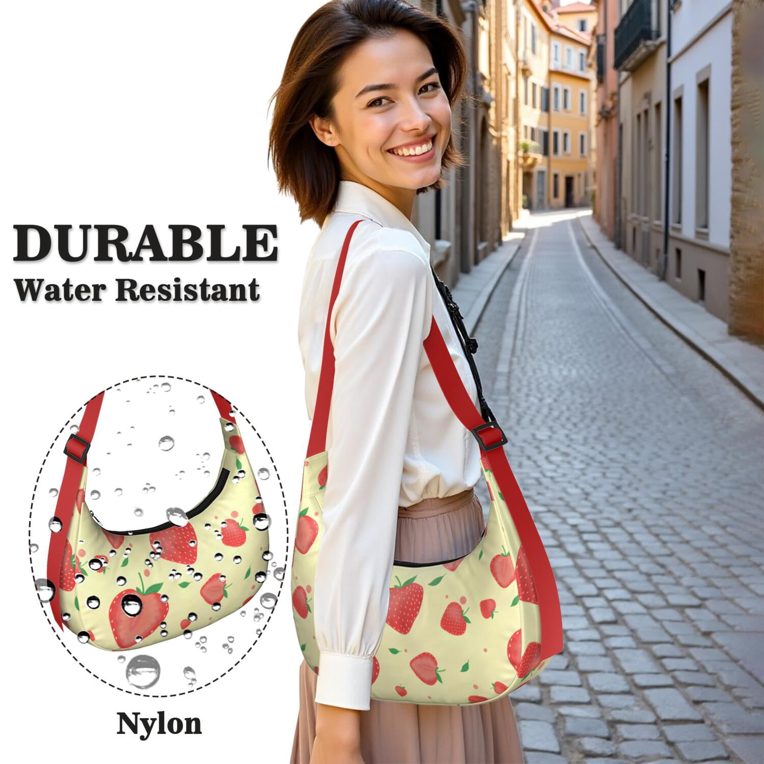 Fruity Strawberry Lover Shoulder Bag for Women, Cute Red Print Crossbody Purse, Lightweight Water-Resistant Hobo Tote, Sweet Summer Berry Handbag