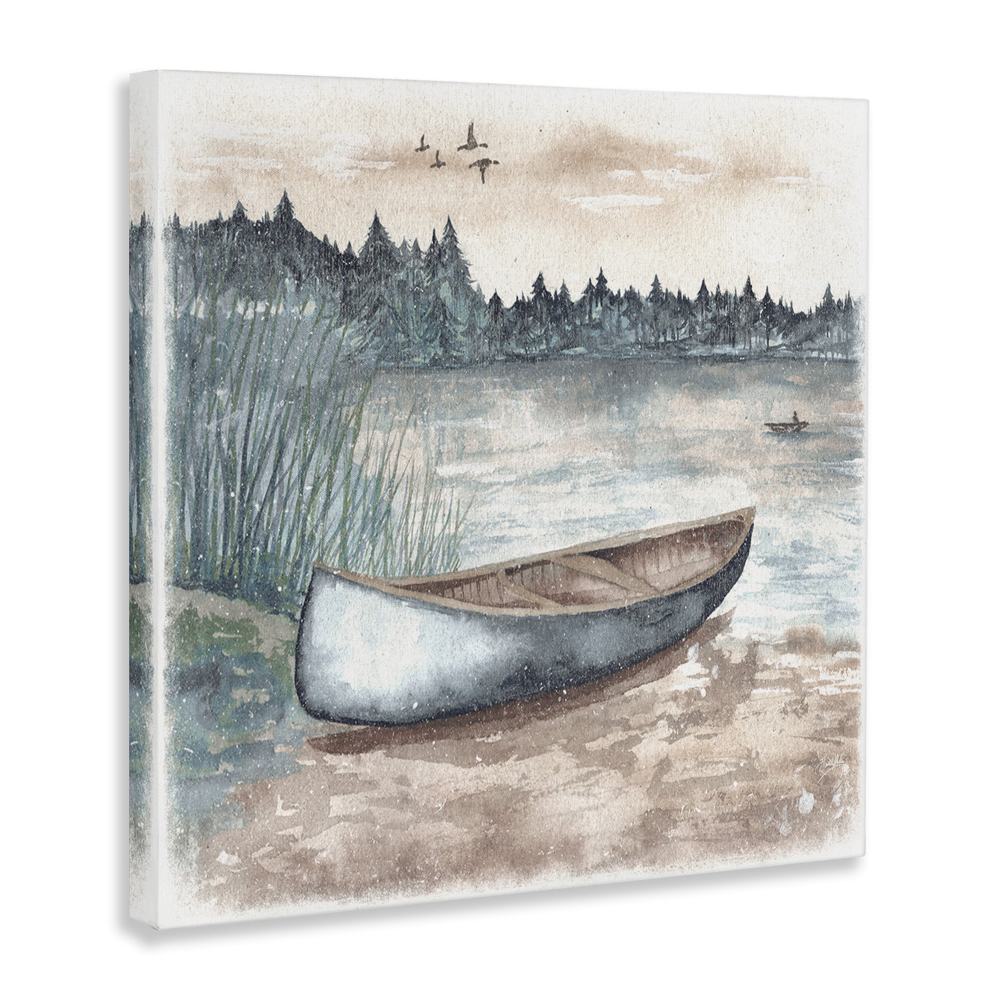 Stupell Industries Canoe on Lake Shore Landscape Painting Gallery Wrapped Canvas Art Print Wall Art, 17 x 17