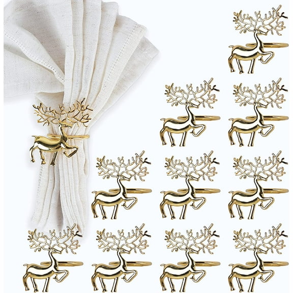 Servette Home Gold Napkin Rings Set of 10 Metal Prancing Reindeer Christmas, for Women