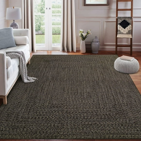 Garvee 9'x12' Large Area Rugs Braided Print Rug, Machine Washable Indoor Rug Non-Slip Low Pile Farmhouse Solid Carpet for Bedroom, Living Room, Dining Room Office, Brown