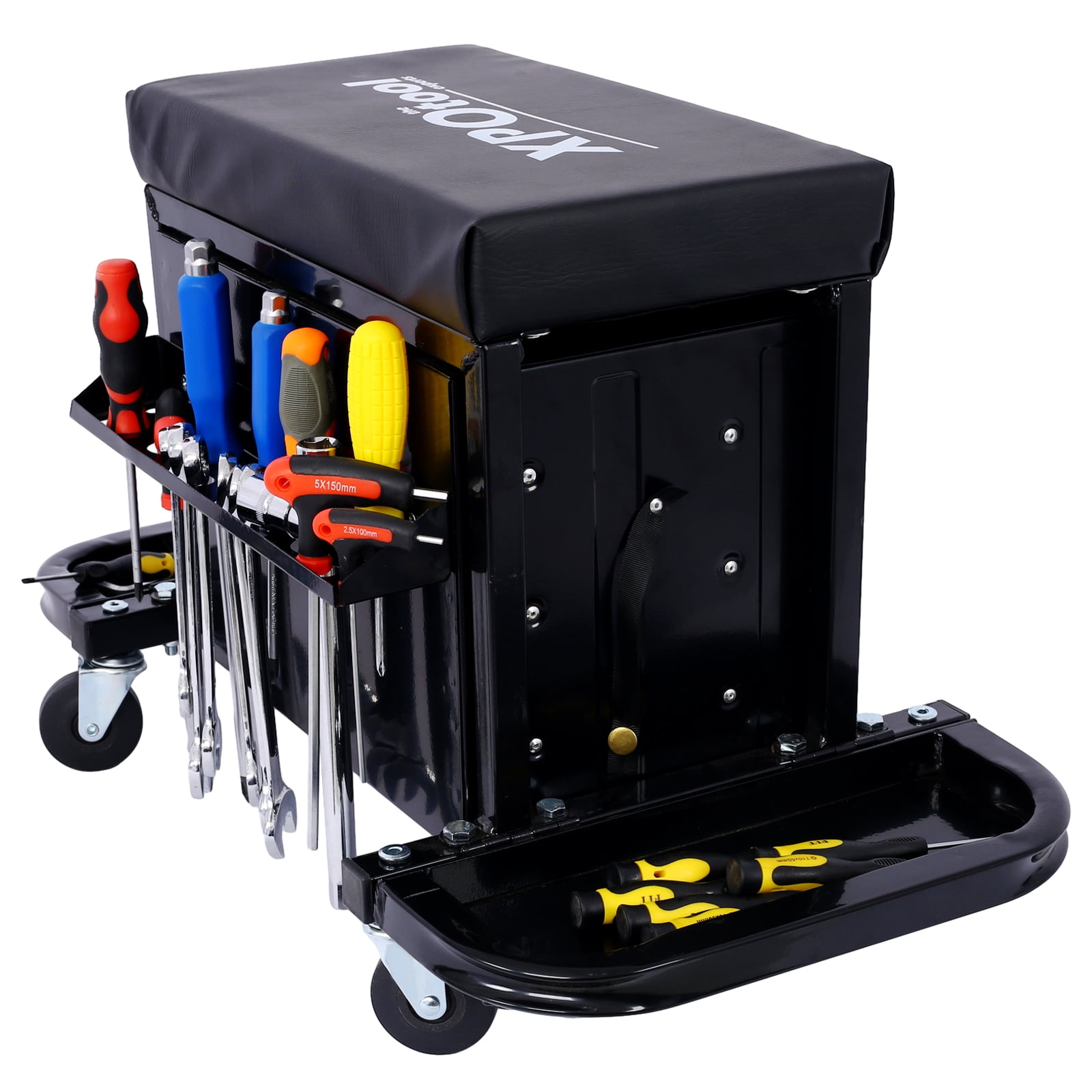 Aukfa Tool Chest Seat, Steel Rolling Tool Box with Wheels and Foldable Magnetic Storage Trays, 3-Drawers, 350LBS Capacity, Black