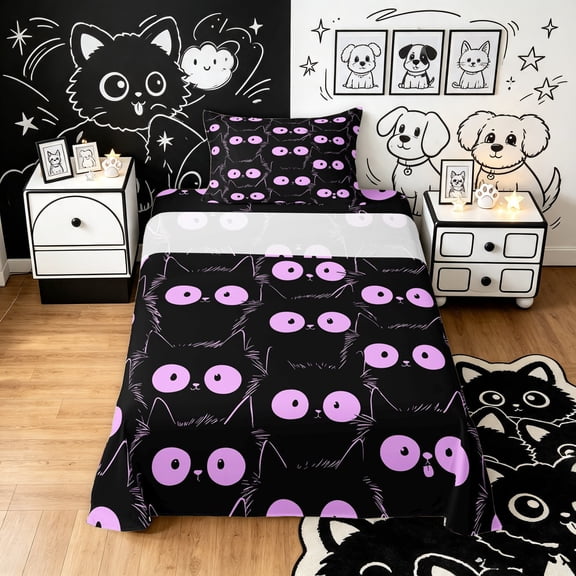 Manfei Cartoon Cat Twin Sheets, Kawaii Abstract Kitten Bedding, Black Orchid, 3pcs, 1 Flat Sheet, 1 Fitted Sheet and 1 Pillowcase