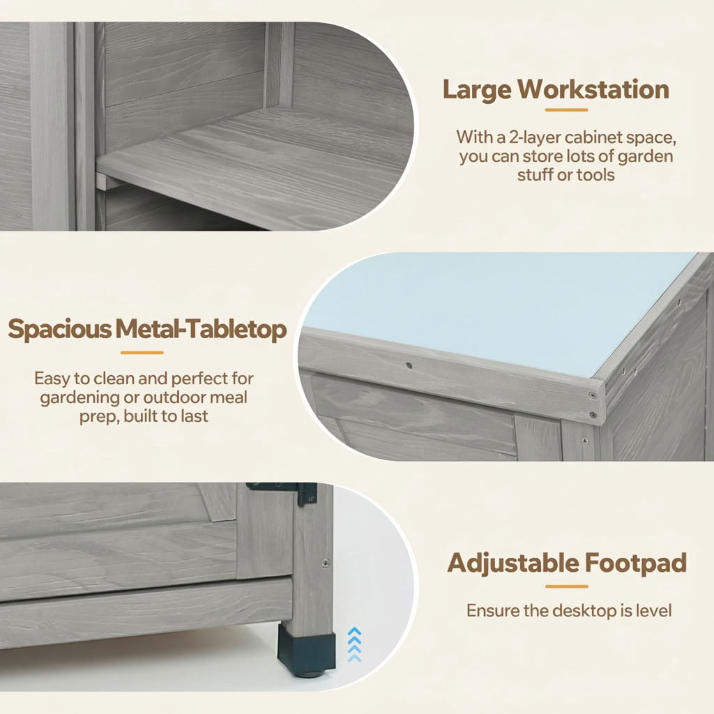 MAYEERTY Weatherproof Wood Potting Bench with Metal Table Top, Magnetic Doors, Outdoor Storage Cabinet for Patio, Yard, Balcony, Garage