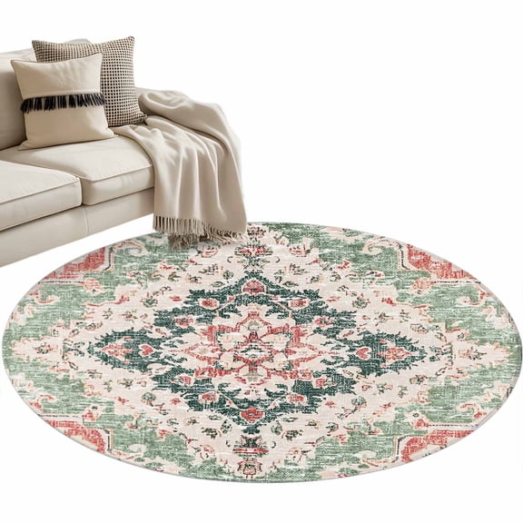 Round Rugs 3.3 Ft, Green Pink Boho Floral Non Slip Area Rugs for Kitchen Bedroom Entryway, Southwestern Ethnic Flowers Retro Washable Carpet Runner Rug Floor Mats for Bedroom Home Decor