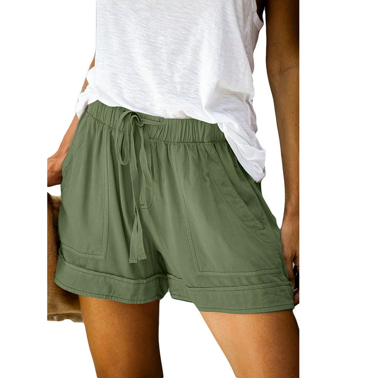 Glonme Ladies Mini Trousers Solid Color Shorts High Waist Short Pants Summer  With Pockets Bottoms Lounge Wide Leg Army Green S 