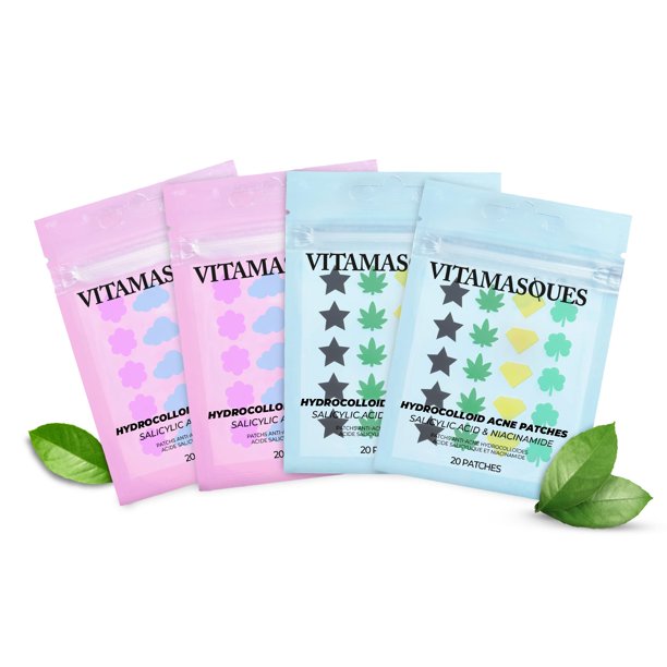 Vitamasques Juego de mascarillas faciales con parche para el acné, paquete de 4, parches hidrocoloides, 80 unidades (salicílico, árbol de té, salicílico y niacinamida), reduce la acumulación de aceite