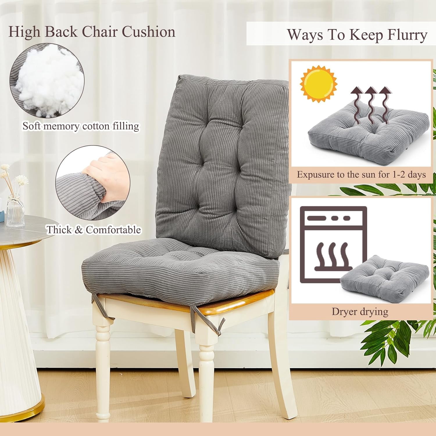 4 Set Outdoor Patio Chair Cushions Corduroy Seat High Back Tufted Pillow Replacement Rocking Patio Chair Pads for Outdoor Indoor Home Office (Gray)