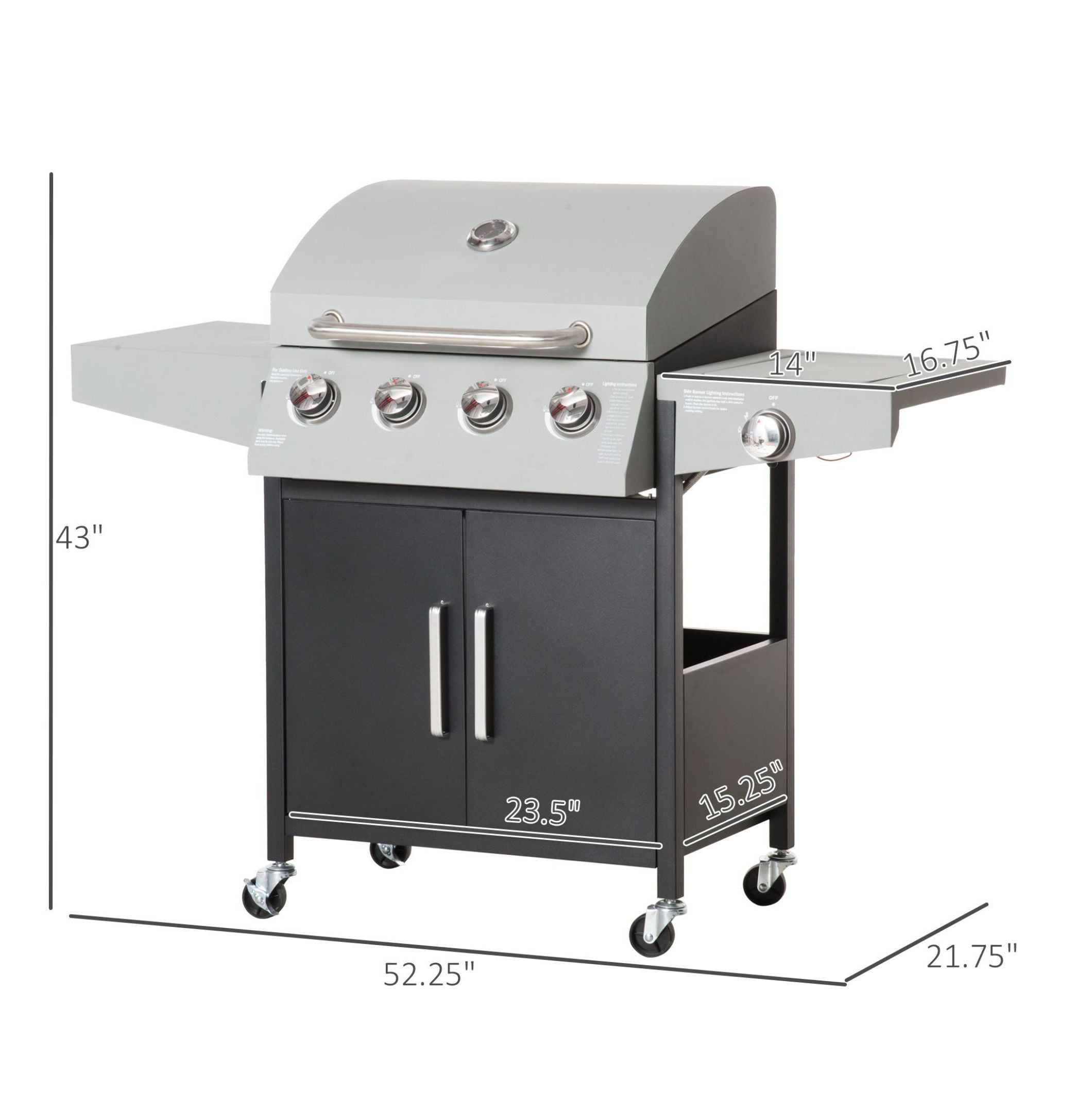 52" Propane Gas Grill 4+1 Burner BBQ, Outdoor Cabinet Grill w/ Side Burner & Wheels, Silver
