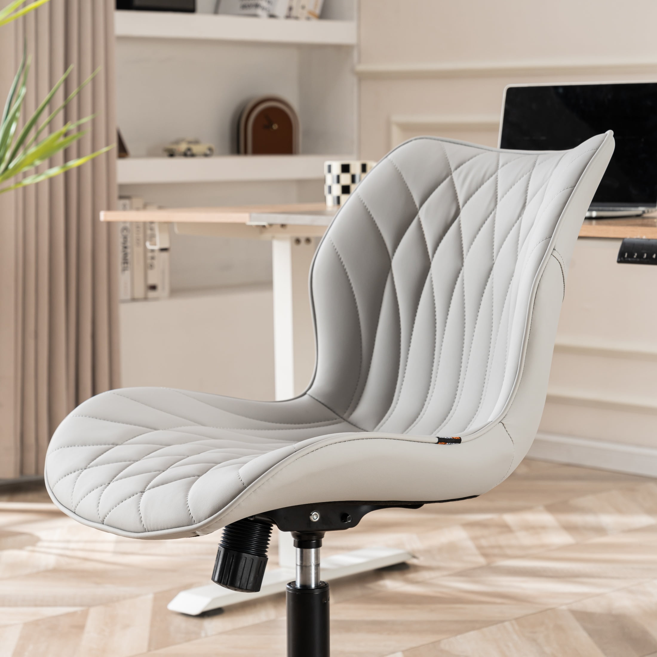 Kidol & Shellder PU Leather Desk Chair, Adjustable Swivel Office Chair, Upholstered Modern Task Chair with Wheels, Ergonomic Swivel Chair, High Back Chair, Gray