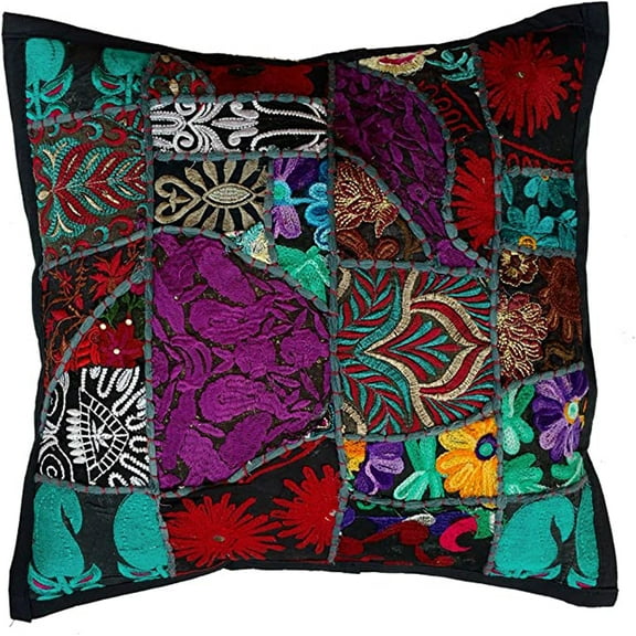 Rastogi Handicrafts Handmade Patchwork Cushion Pillow, Sari Patch Throw Pillow Indian Ethnic Pillow Covers Embroidered Sari Patchwork Cushion Cover (Black)