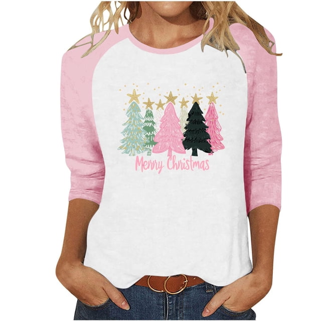 LckLvx Chandails de Noël pour Femmes Col Rond Manches 3/4 Raglan Hauts Mignons Graphiques Décontractés T-Shirts