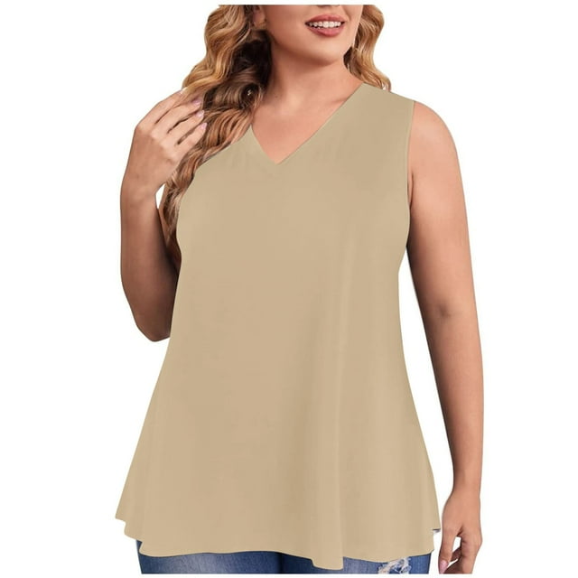 AherBiu Plus Size Tank Tops Loose Fitting V Neck Sleeveless Solid Basic T Shirt Fashion Stretchy Summer Causal Tank Tops