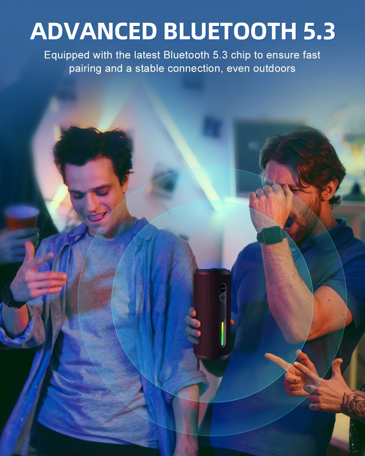 Portable Bluetooth Speaker, 24W Stereo Sound, IPX7 Waterproof, Bluetooth 5.3, RGB Lights, Dual Pairing, 30H Playtime for Outdoor Home Party