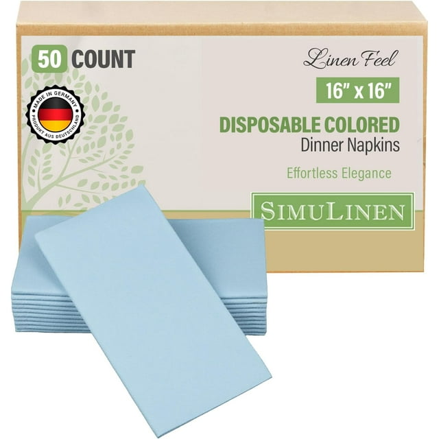Colored Napkins - LIGHT BLUE - Decorative Dinner Napkins - Cloth Like and Disposable - Elegant & Durable - Soft & Absorbent - Versatile 16"x16" - Packaged for Easy Storage - Box of 50 - by SimuLinen