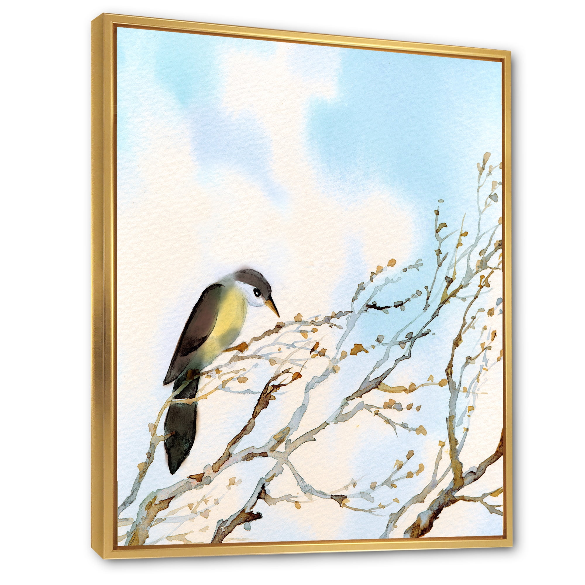 Designart 'Bird Sitting On Old Bare Tree With Blue Cloudy Sky' Traditional Framed Canvas Wall Art Print