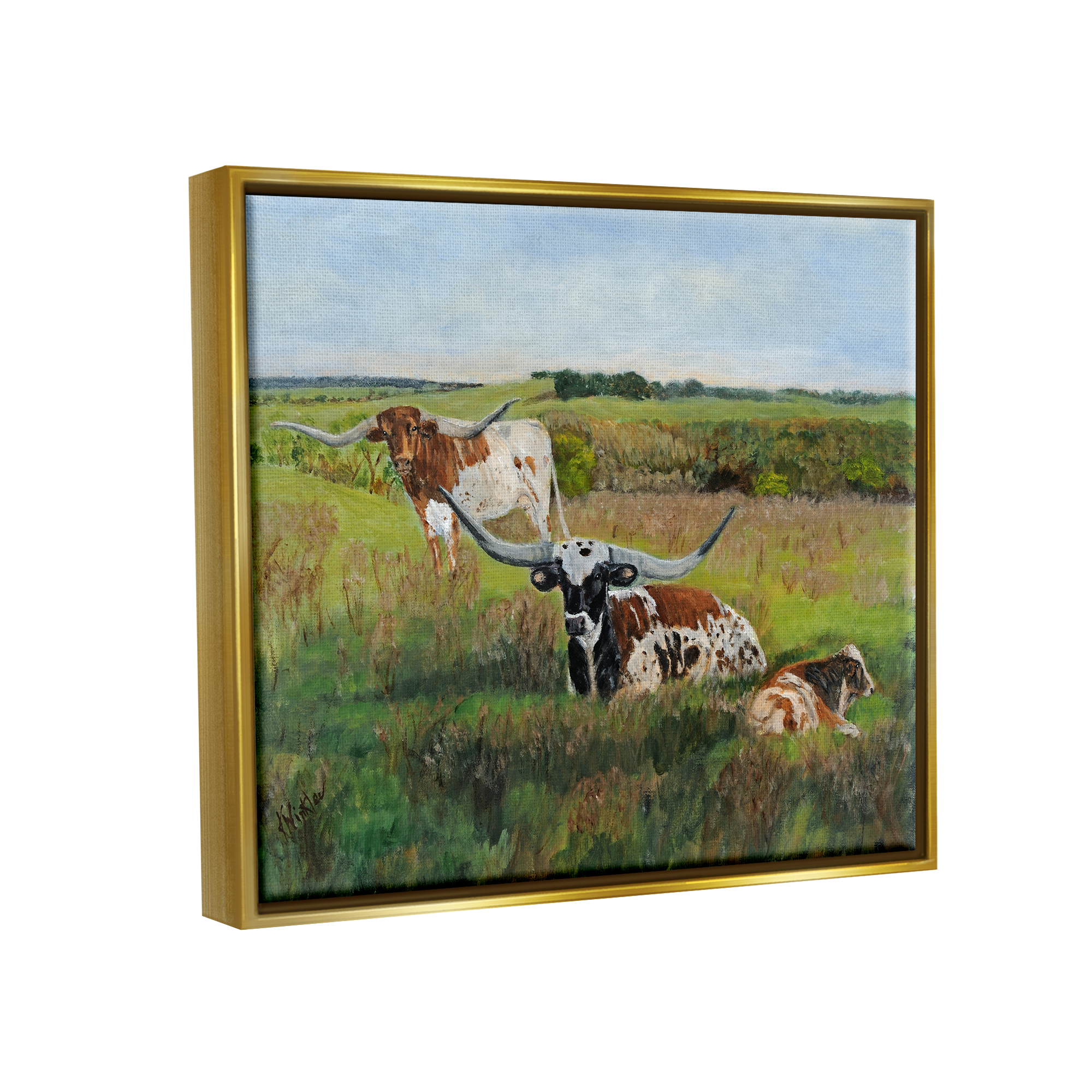 Stupell Country Pasture Longhorn Cattle Animals & Insects Painting Gold Floater Framed Art Print Wall Art