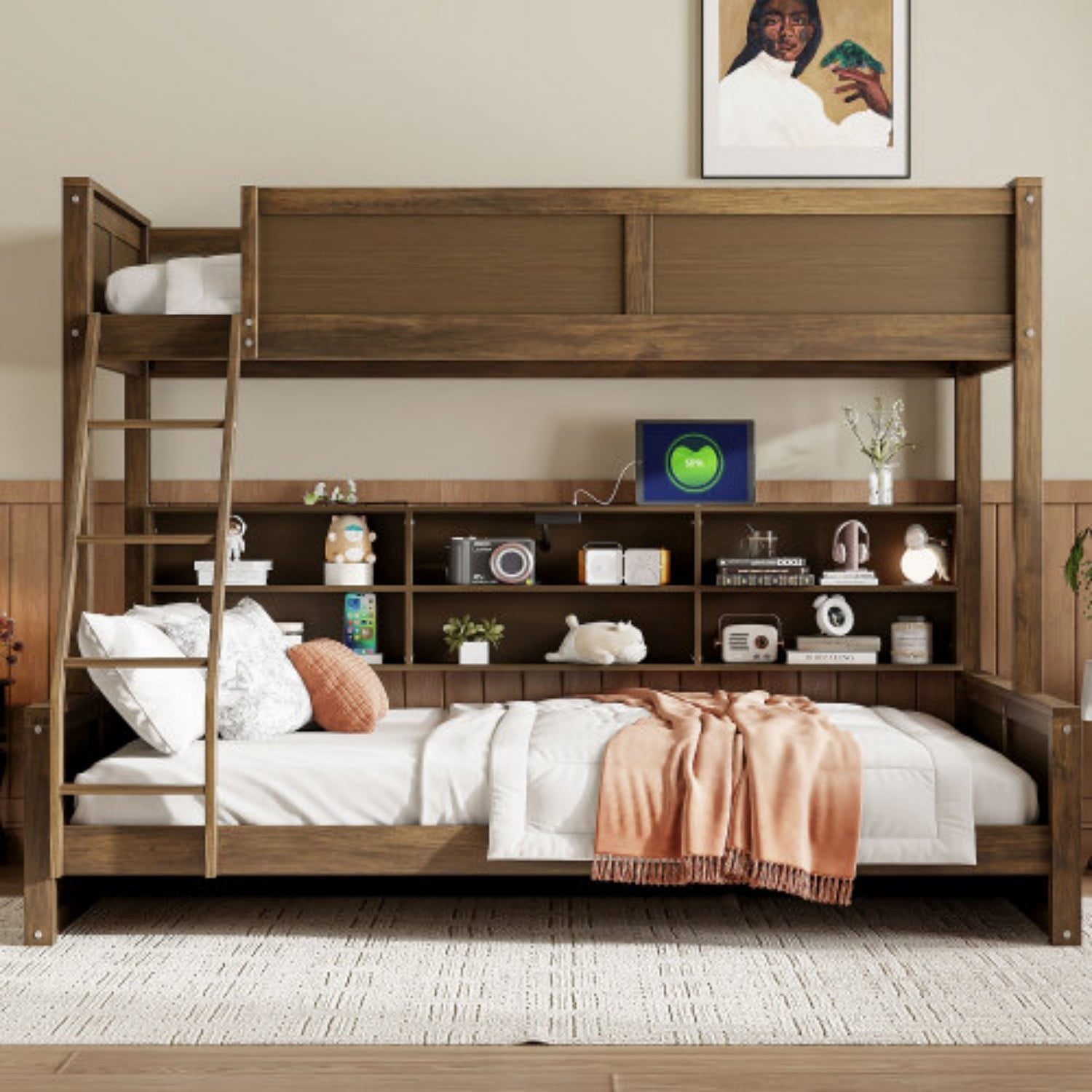 Twin XL Over Queen Bunk Bed with Storage Cabinets & USB Ports, Solid Wood Loft Bed with Guardrails, Space Saving Bed for Bedroom, Natural