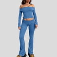 thumbnail image 2 of Two Piece Flare Pants Set for Women Going Out Off Shoulder Top and Bell Bottom Leggings Slim Fit Sports Yoga Outfits (Medium, Blue 01), 2 of 6